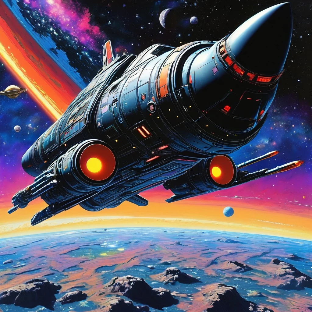 Shinichiro Watanabe style . Hyperrealistic depiction of Jet Black's spaceship Bebop from "Cowboy Bebop, " exuding an air of unparalleled coolness and the allure of space exploration, full composition leading to an intriguing vanishing point along a cosmic superhighway, conveyed through bright vivid colors, high-UHD pen and ink techniques, crafted to achieve a perfect composition, high-quality, super-detailed outer space elements, ultra, gear mecha aesthetics, detailed acrylic. rendered in Unreal Engine for a photorealistic ,High Quality, Masterpiece. best quality, super detail