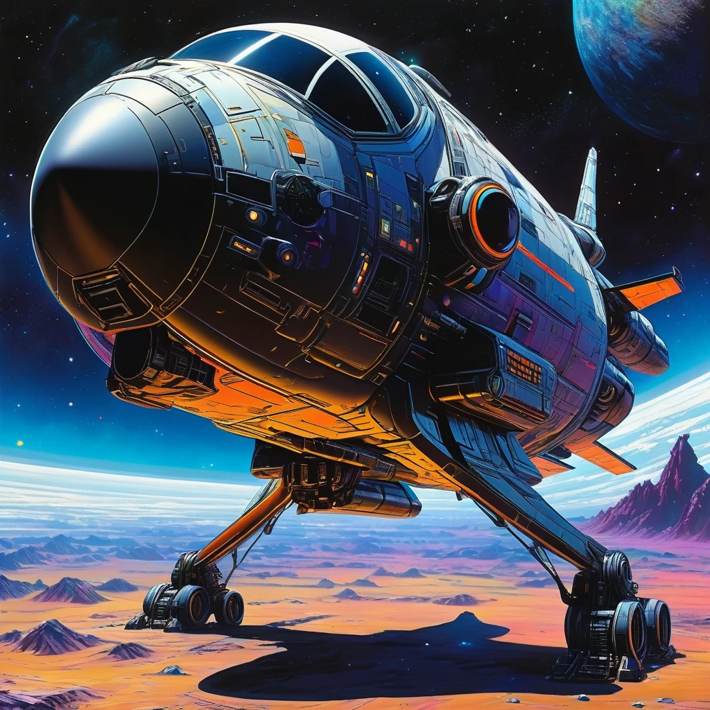 Shinichiro Watanabe style . Hyperrealistic depiction of Jet Black's spaceship Bebop from "Cowboy Bebop, " exuding an air of unparalleled coolness and the allure of space exploration, full composition leading to an intriguing vanishing point along a cosmic superhighway, conveyed through bright vivid colors, high-UHD pen and ink techniques, crafted to achieve a perfect composition, high-quality, super-detailed outer space elements, ultra, gear mecha aesthetics, detailed acrylic. rendered in Unreal Engine for a photorealistic ,High Quality, Masterpiece. best quality, super detail