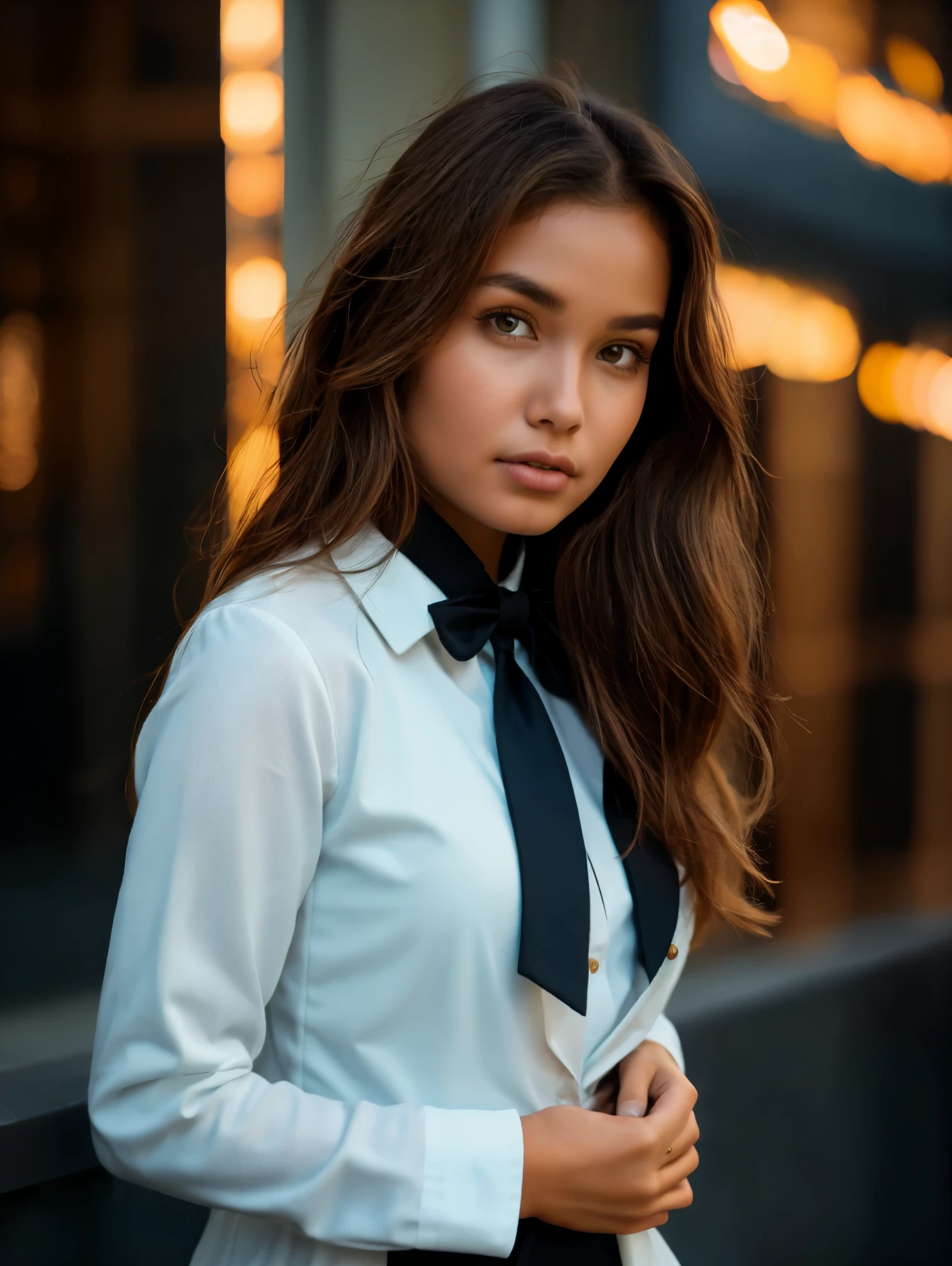 best quality,bold colors,high resolution,realistic,portrait,putri cinta,putr1c1ntra,woman,stylish business suit,bow tie,detailed hair,focused eyes,confident pose,elegant background,professional lighting