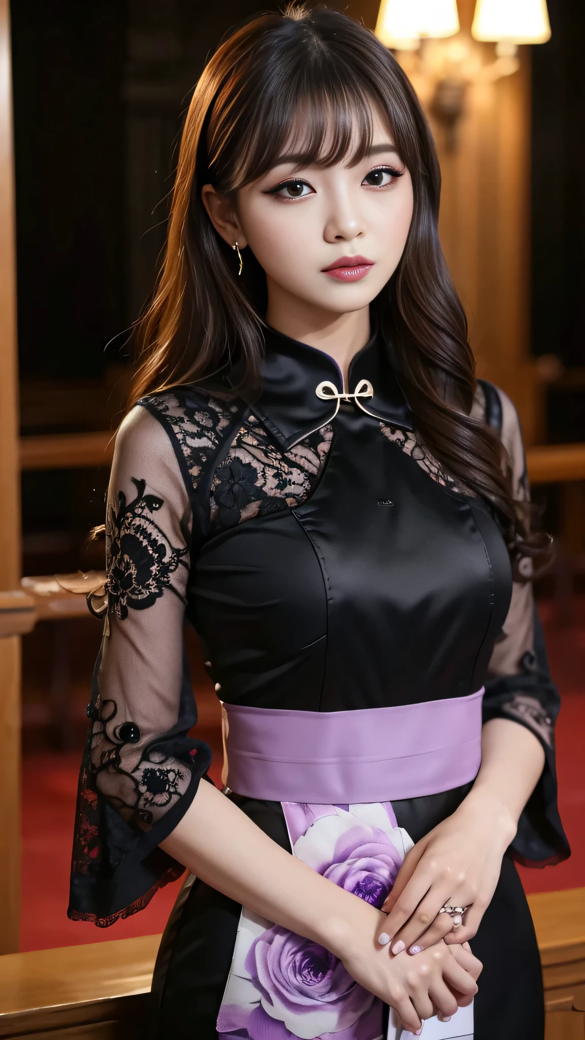 tra-detailed、Japanese、Attractive beauty、seductive adult woman、Pretty Woman、cool girl、brown hair、wavy hair、swept bangs、piercing eyes、hollow eyes、half-closed eyes、Hollow Eyes、Purple Eyeshadow、black lipstick、black lip gloss、dark makeup、smirk、Whisper in my ear、Evil expression、Long Black Cheongsam、Black wide sleeves、Evil cadres、Fallen into evil、brainwash、mind control、evil、Church at night、Swear allegiance、Are standing