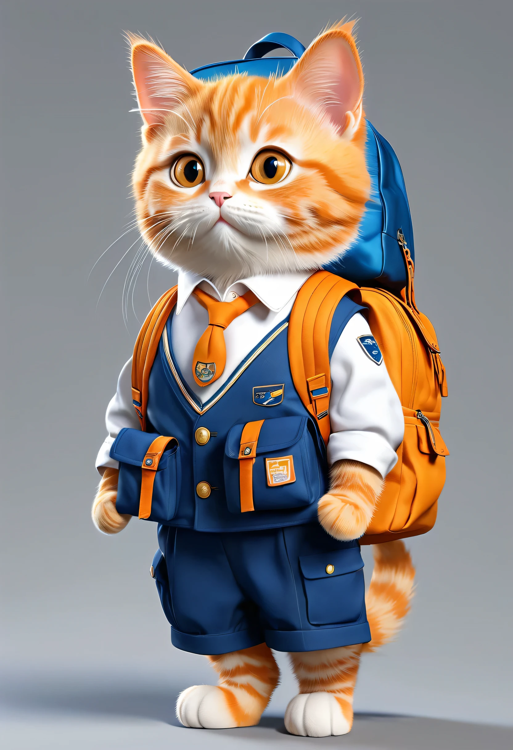 There is a little orange cat wearing a uniform and carrying a backpack., Casual clothing, Adorable digital painting, Toy Commercial Photography, Fully clothed, photorealistic style, Ultra-realistic painting, super math wizard cat, Intelligent cat, In surreal style, Photo Rendering, , very very realistic, Profile picture, Cute cat anime visual, World Boss Kitten
