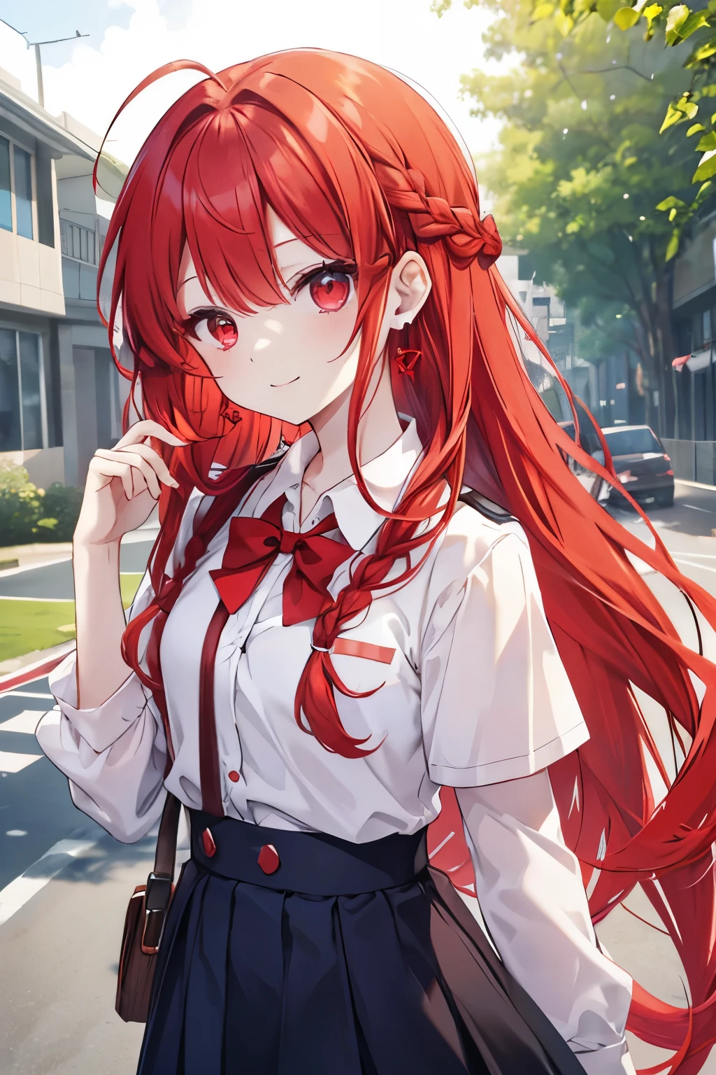 Red eyes with red hair、 girl、Small breasts、Braided long hair、smile、Gal-like、Wearing cute earrings、Summer Uniform、Add highlights around the eyes、Cute hairpin、The whole body is visible、School