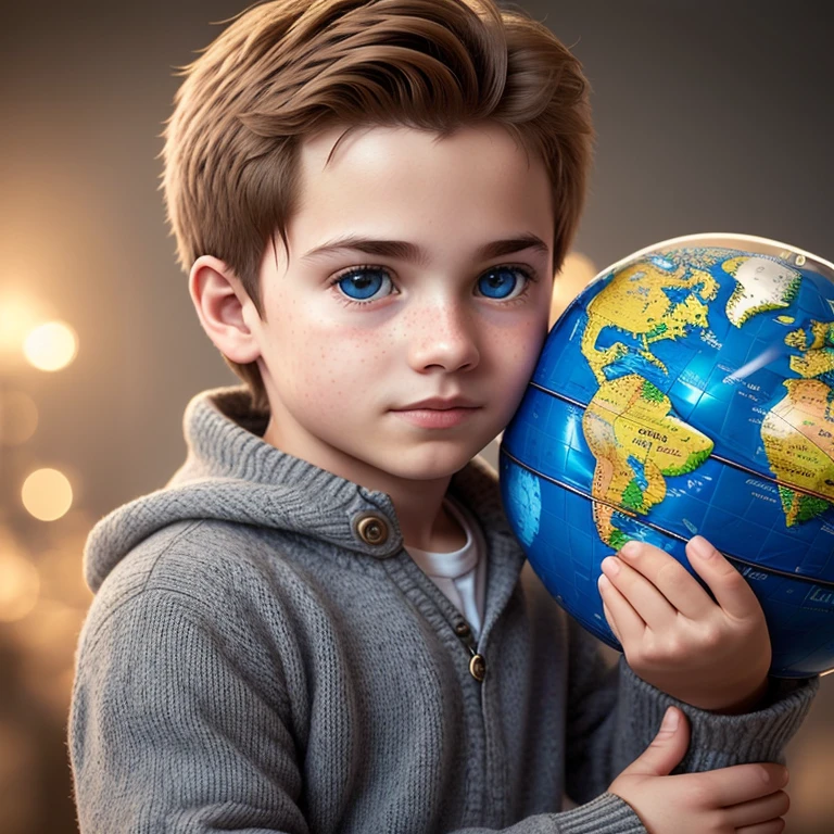 A captivating profile picture of a charming European boy, holding a gleaming global globe with a curious expression,Showcasing intricate details and vivid textures, (Realistic: 1.5), (High Resolution: 1.4), Constellations and landmarks distinctly visible, Superb lighting and HDR effects, Close-up angle revealing expressive eyes and rosy cheeks, Boy wearing simple yet adorable clothing, Masterpiece, Ultra-High Definition, Engaging and Engrossing.