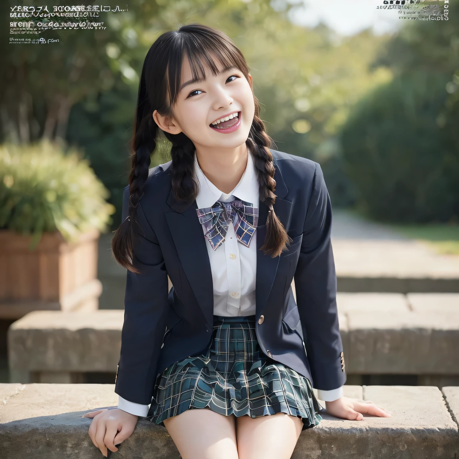 (highest quality、masterpiece:1.2)、highest quality、Realistic、photograph、High resolution、1080p、8K、The face is especially pale., Physical Rendering、((Height: 155cm)), one Japanese girl、((((((A 15-year-old succubus in the form of a beautiful Japanese magazine fashion model is trying to grab the viewer with both hands and play tricks on him.)))))), School uniforms worn by popular beautiful fashion models, (((big very detailed beautiful dark brown eyes))), ((blue girly large wine-red glossy polyester Japanese school ribbon bow tie)), (((black very beautiful and very very long braids hair))), ((((deep blue colored tartan checkered formal long pleated blue pleated skirt)))), ((A unpatterned formal dark blue blazer in solid that is slightly oversized and has an emblem on the left chest.)), (((((((laughing at me!))))))), Mouth open, The large blazer and skirt are very cute., detailed fingers, ((curled bangs)), so beautiful, ((Very large and very very very cute eyes of a Japanese girl, drawn with great care and attention to detail.)), double eyelids, Thin eyebrows, ((drooping eyes)), (((very long eyelashes))), ((cute lovely lovely laughing laughing cheeks)), ((Pure white light hits her face from above and in the front, making her skin and eyes shine beautifully.)), ((Strong light hits the nose and cheeks、It brings out the richness of the expression.)), (((((Her face is expressive, pure, very cute and intelligent.))))), ((tilting one's head))