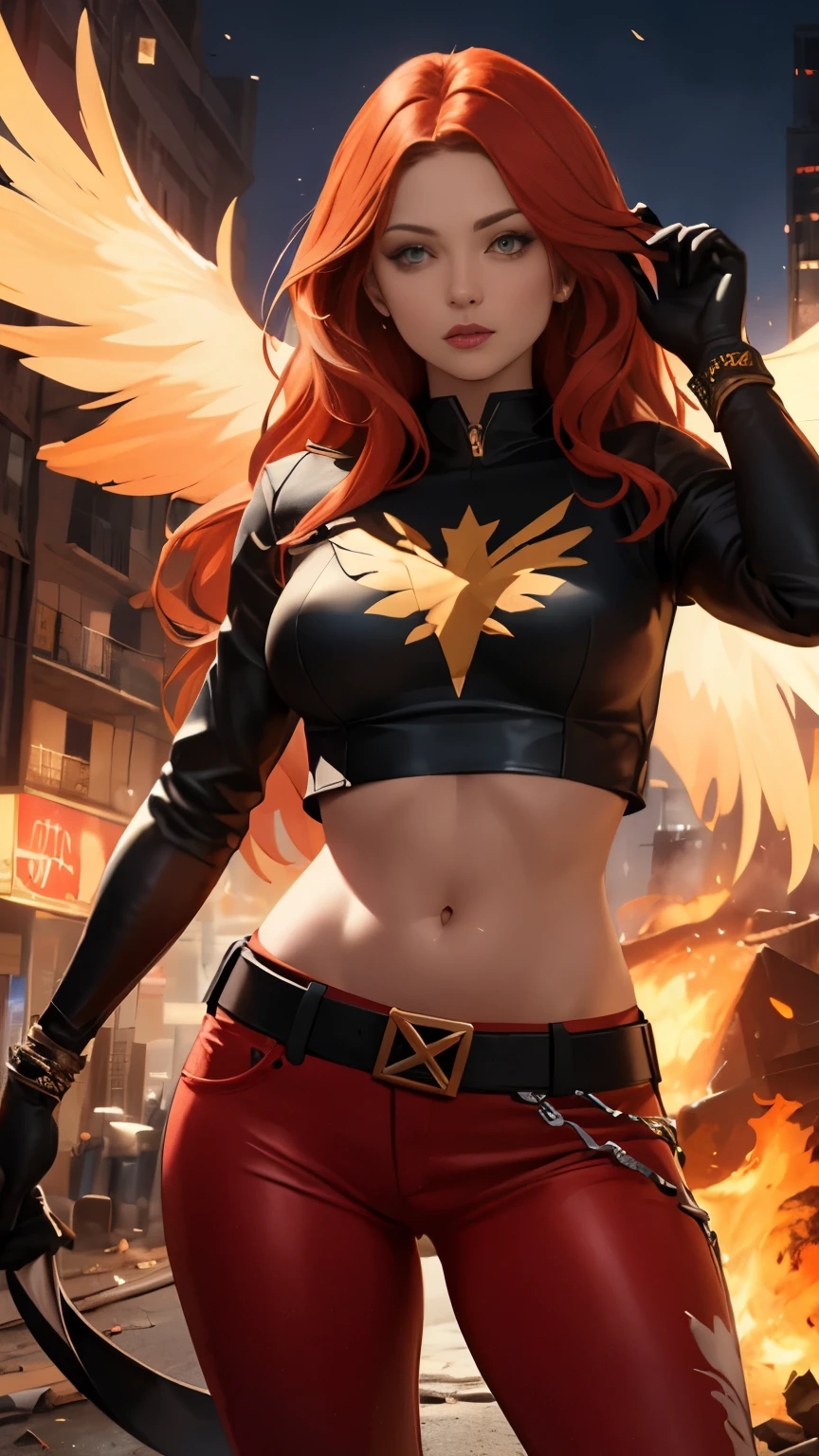 (Highly quality, masterpiece, detailed), burning city detailed scenario, burning city detailed background, jean-grey, belt, red leather crop top jacket, gloves, Phoenix symbol on chest, red leather pants, navel, perfect face, beautiful eyes, looking at the viewer, Sexy pose