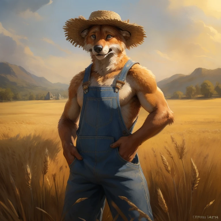 (ultra detailed), a stunning and realistic full-size portrait of a humanoid patchwork animal, showcasing an exquisite animal style, wearing farmer overalls, standing amidst golden fields of wheat,
kenket, Ross Tran, ruan jia, trending on artstation, foxovh, cenematic lighting, detailed background, hands on hips, farm hat on head, expressive eyes, intricately sewn patches, lifelike textures, realistic fur, fine details, sun-kissed fur, rustic setting.