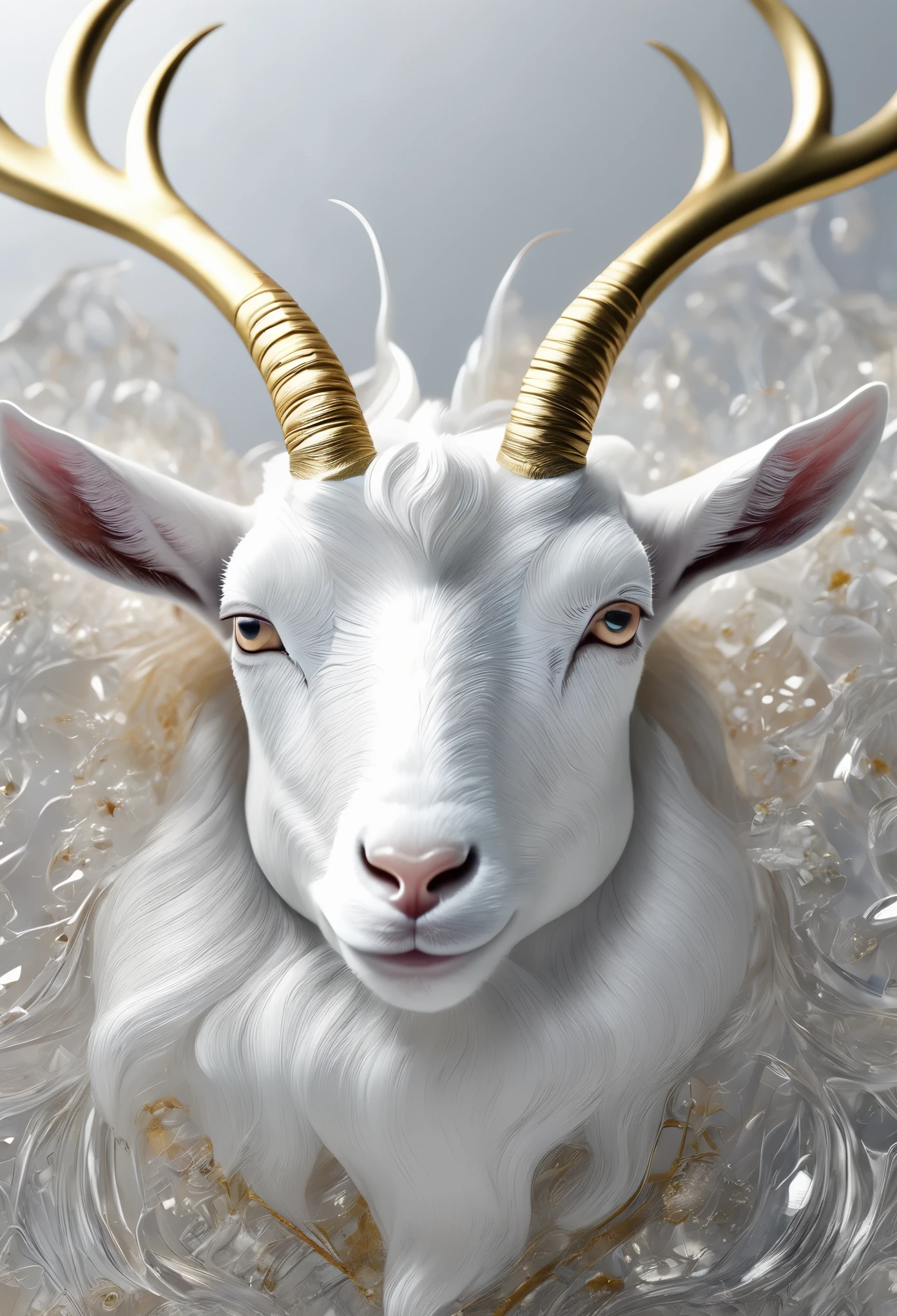 Super detailed，super realistic，scale，detail，close up，goat，White，silver，Gold texture，pattern，Glass texture