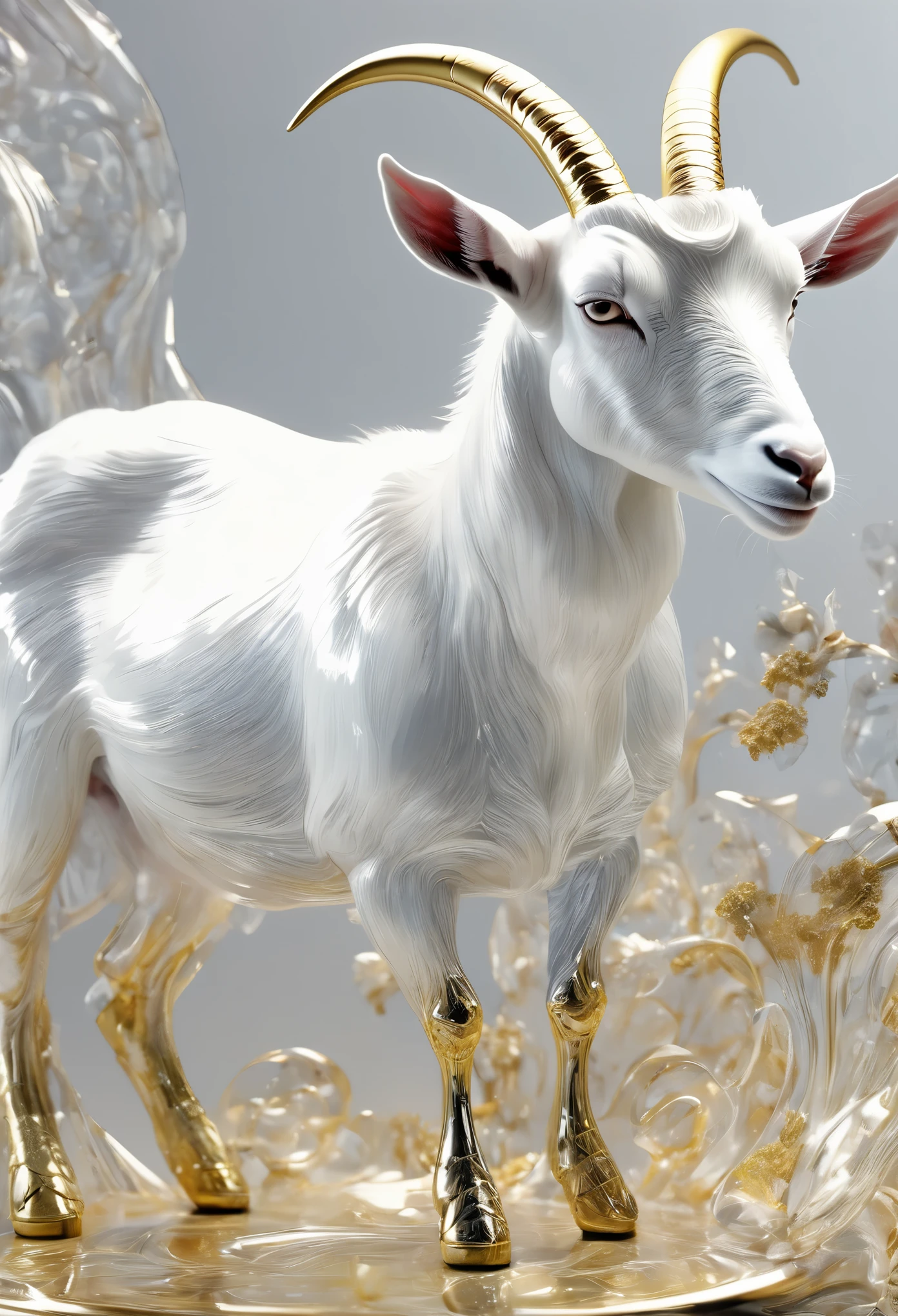 Super detailed,super realistic,scale,detail,close up,goat,White,silver,Gold texture,pattern,Glass texture