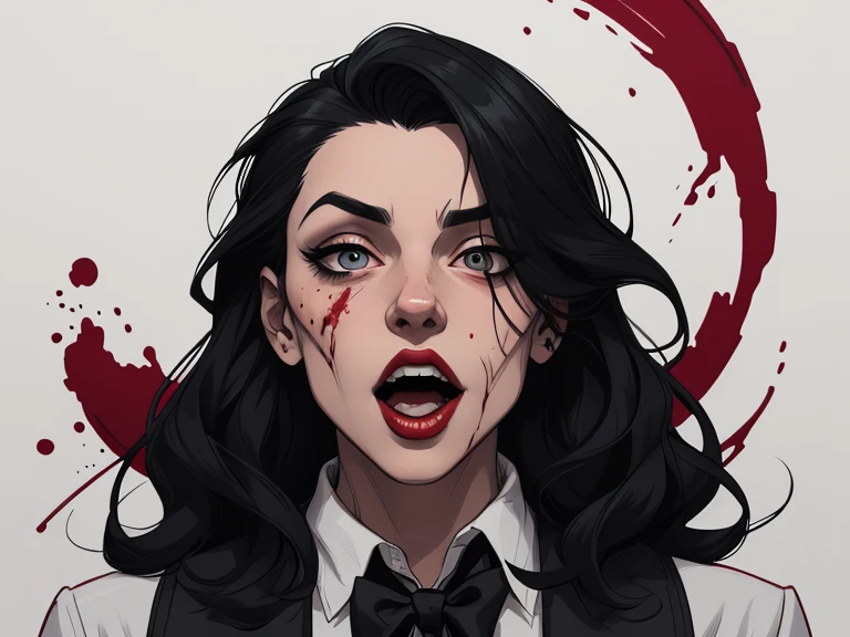 Close-up of a girl in a suit and tie, androgynous vampire, junji ito 4 k, with long dark hair, ito junji art, style of junji ito, Dark Costume, portrait of sadako of the ring, Gentle androgynous princess , Beautiful androgynous princess , with her long black hair, girl in suit, (big yellow eyes:1.3), fangs, detailing, extra high resolution, 8K, (The blood on her lips runs down her neck), (Lovely Medium Breasts), perfect anatomy, (Gloomy color scheme:1.5), (skinny body)