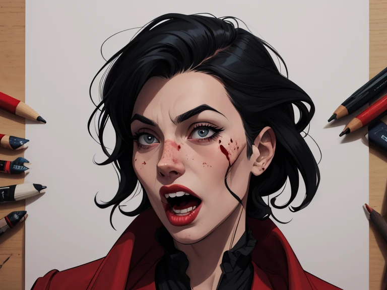 Blood criminal count dracula man character with black hair cartoon image of a cartoon style illustration, estilo de arte dos desenhos animados, estilo de arte dos desenhos animados, open mouth with vampire teeth stained with criminal blood Digital illustration style, design de personagens altamente detalhado, arte digital detalhada fofa, trevas e sangue, Design de personagens de retrato, beautiful digital illustration, retrato de alta qualidade, Arte em  fundo branco suja de sangue criminoso