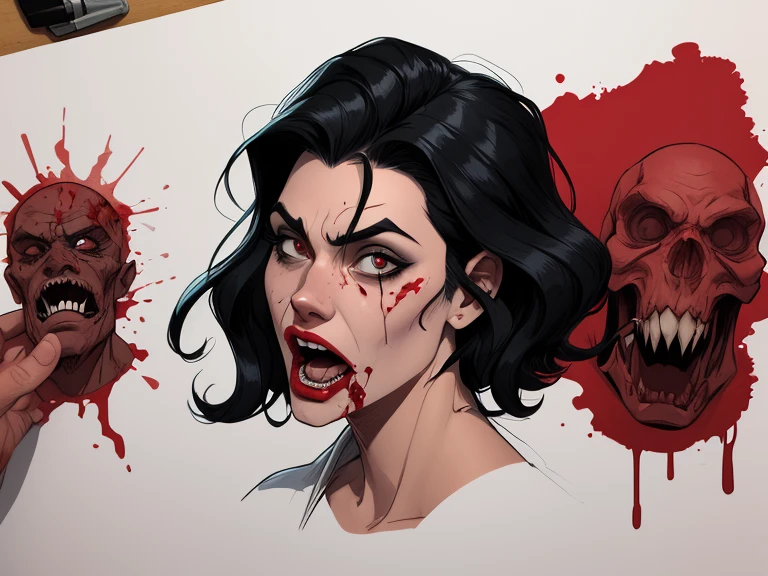 Blood criminal count dracula man character with black hair cartoon image of a cartoon style illustration, estilo de arte dos desenhos animados, estilo de arte dos desenhos animados, open mouth with vampire teeth stained with criminal blood Digital illustration style, design de personagens altamente detalhado, arte digital detalhada fofa, trevas e sangue, Design de personagens de retrato, beautiful digital illustration, retrato de alta qualidade, Arte em fundo branco suja de sangue criminoso