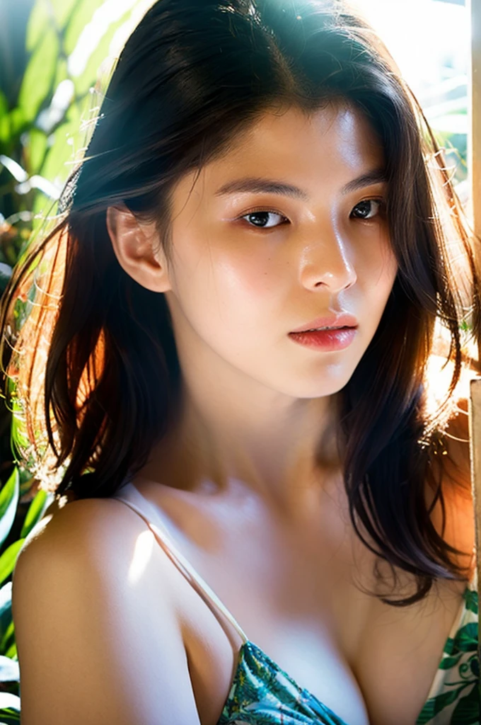 {top-quality}, {{​masterpiece}}, {extremely delicate and beautiful},Outstanding light and shadow, highly detailed wallpaper,Clear and bright sunlight,1girl in,lightly、gaze looking beyond,red blush,Strong sunshine,delicate and messy hair,realistic skin textures, Pronounced pores and skin wrinkles,tropical rainforest,((strong light shines on the face)), full body, naked portrait, nude photography, armpit, shiny nipple 