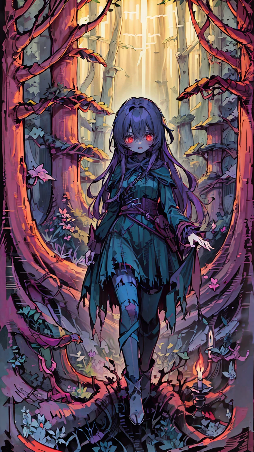 (highest quality), 1 Girl, :d,((Eerie Dark Forest:1.6)),(((Full Body:1.3))),(((((Cute clothes))))),Dark purple hair,Messy long hair,straight hair,red eyes,((Walking through a dark forest)),It&#39;s a very scary forest,Black gothic long dress,(Melancholy expression:1.5),((((It&#39;s very dark out there)))),Candles are hung on the trees on both sides,The candles light up the dark forest,