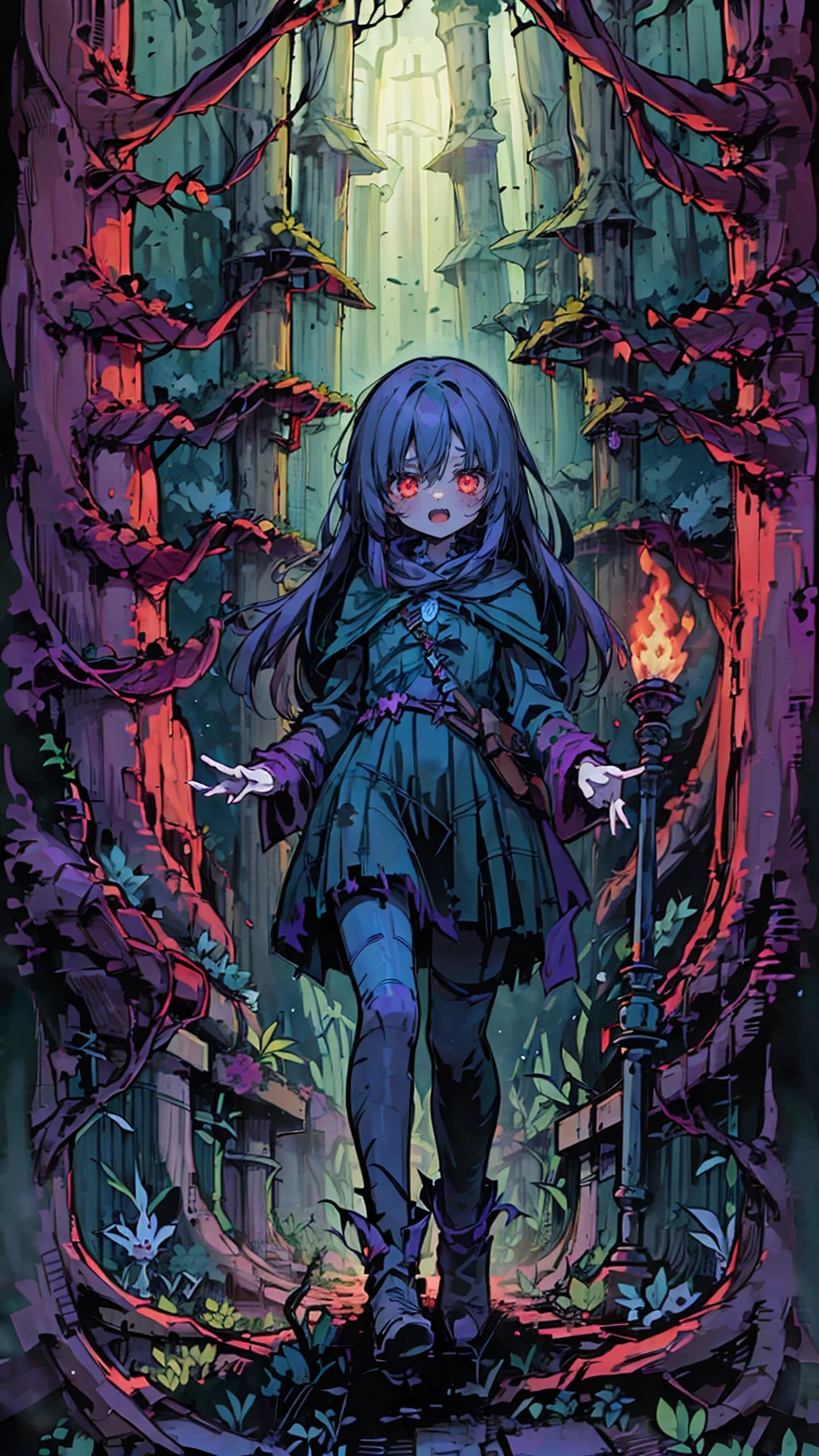 (highest quality), 1 Girl, :d,((Eerie Dark Forest:1.6)),(((Full Body:1.3))),(((((Cute clothes))))),Dark purple hair,Messy long hair,straight hair,red eyes,((Walking through a dark forest)),It&#39;s a very scary forest,Black gothic long dress,(Melancholy expression:1.5),((((It&#39;s very dark out there)))),Candles are hung on the trees on both sides,The candles light up the dark forest,