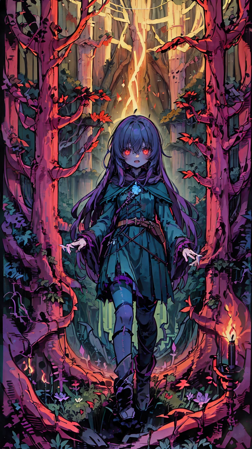 (highest quality), 1 Girl, :d,((Eerie Dark Forest:1.6)),(((Full Body:1.3))),(((((Cute clothes))))),Dark purple hair,Messy long hair,straight hair,red eyes,((Walking through a dark forest)),It&#39;s a very scary forest,Black gothic long dress,(Melancholy expression:1.5),((((It&#39;s very dark out there)))),Candles are hung on the trees on both sides,The candles light up the dark forest,