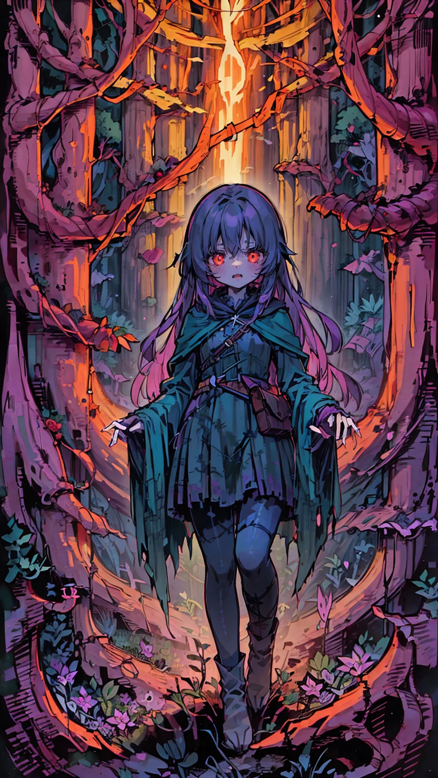 (highest quality), 1 Girl, :d,((Eerie Dark Forest:1.6)),(((Full Body:1.3))),(((((Cute clothes))))),Dark purple hair,Messy long hair,straight hair,red eyes,((Walking through a dark forest)),It&#39;s a very scary forest,Black gothic long dress,(Melancholy expression:1.5),((((It&#39;s very dark out there)))),Candles are hung on the trees on both sides,The candles light up the dark forest,