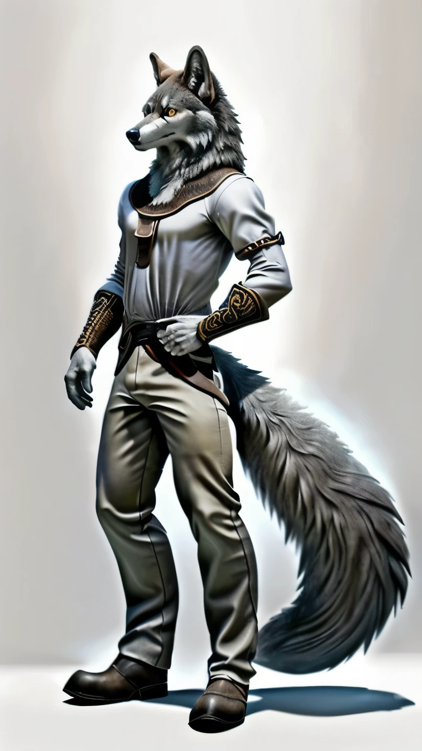 (highest quality, High resolution, masterpiece :1.3, detailed contours, Clear contours), full body, (male), one person, cool, (grey) wolf, 狼のmale, gray wolf, (Golden) eyes, white shirt, ((saddle-brown colored)) pants, upright, Looking at the camera, (No background, through background, White background)