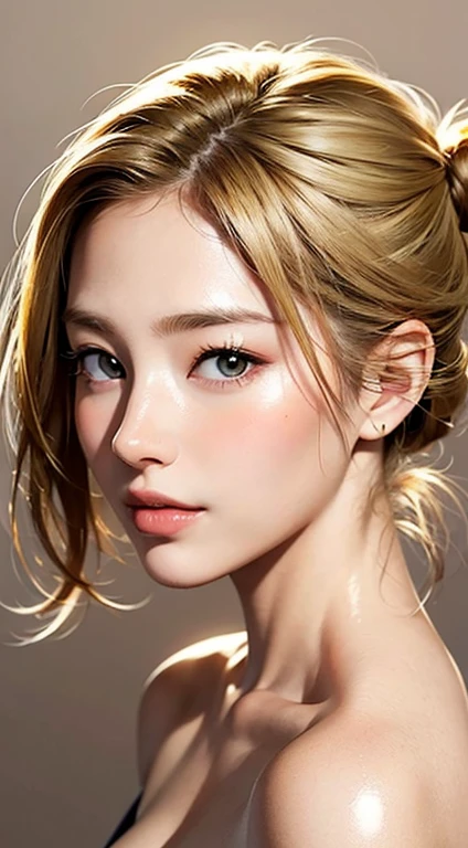 illustration of gorgeous woman, looking at camera, centered portrait head and shoulders, beauty, slim perfect face, natural look, playmate, blonde, hair tied in a bun, supermodel , color sketch, natural skin