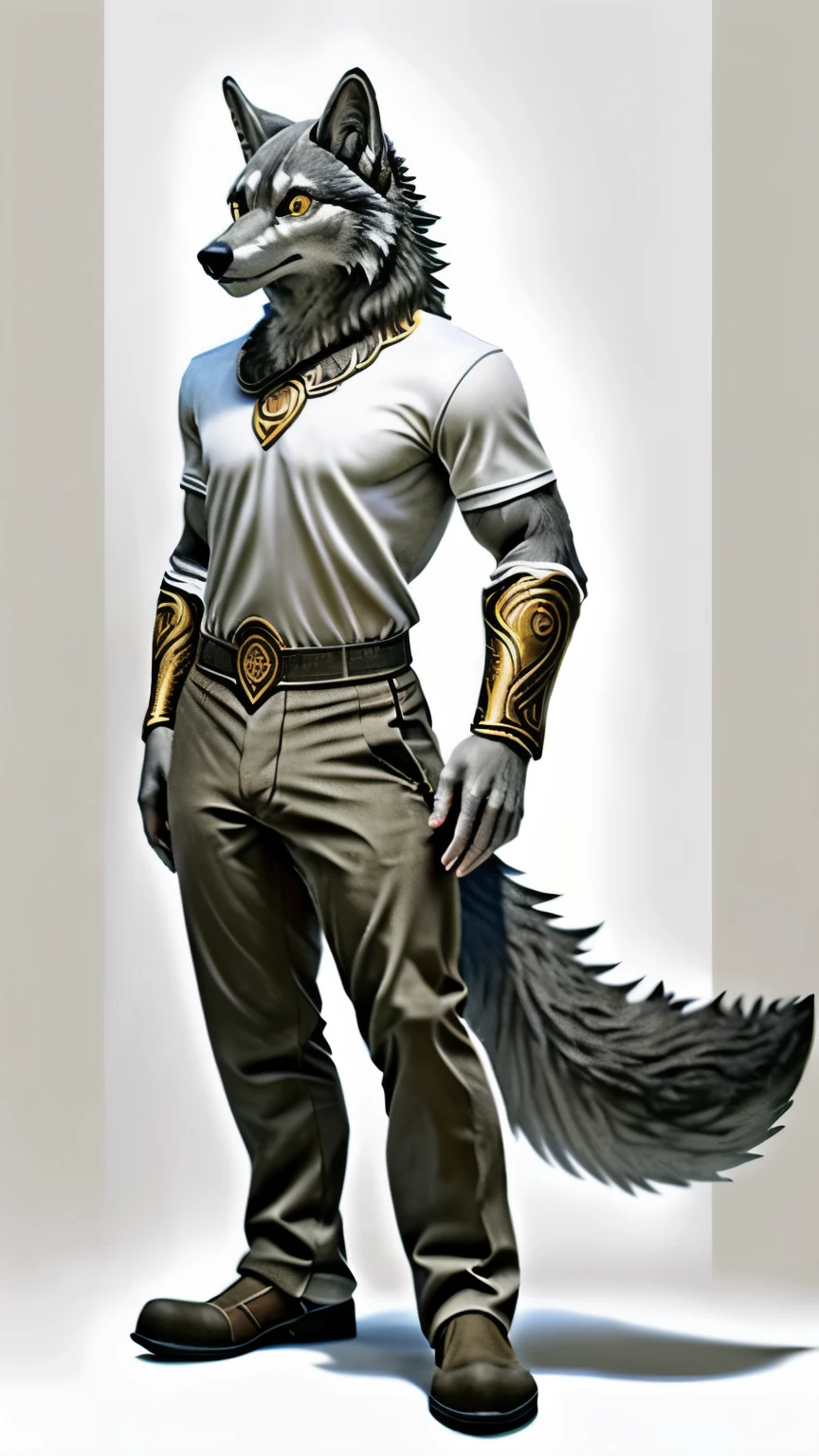 (highest quality, High resolution, masterpiece :1.3, detailed contours, Clear contours), full body, (male), one person, cool, (grey) wolf, 狼のmale, gray wolf, (Golden) eyes, white shirt, ((dark khaki pants)), fantasy costume, upright, Looking at the camera, (No background, through background, White background)