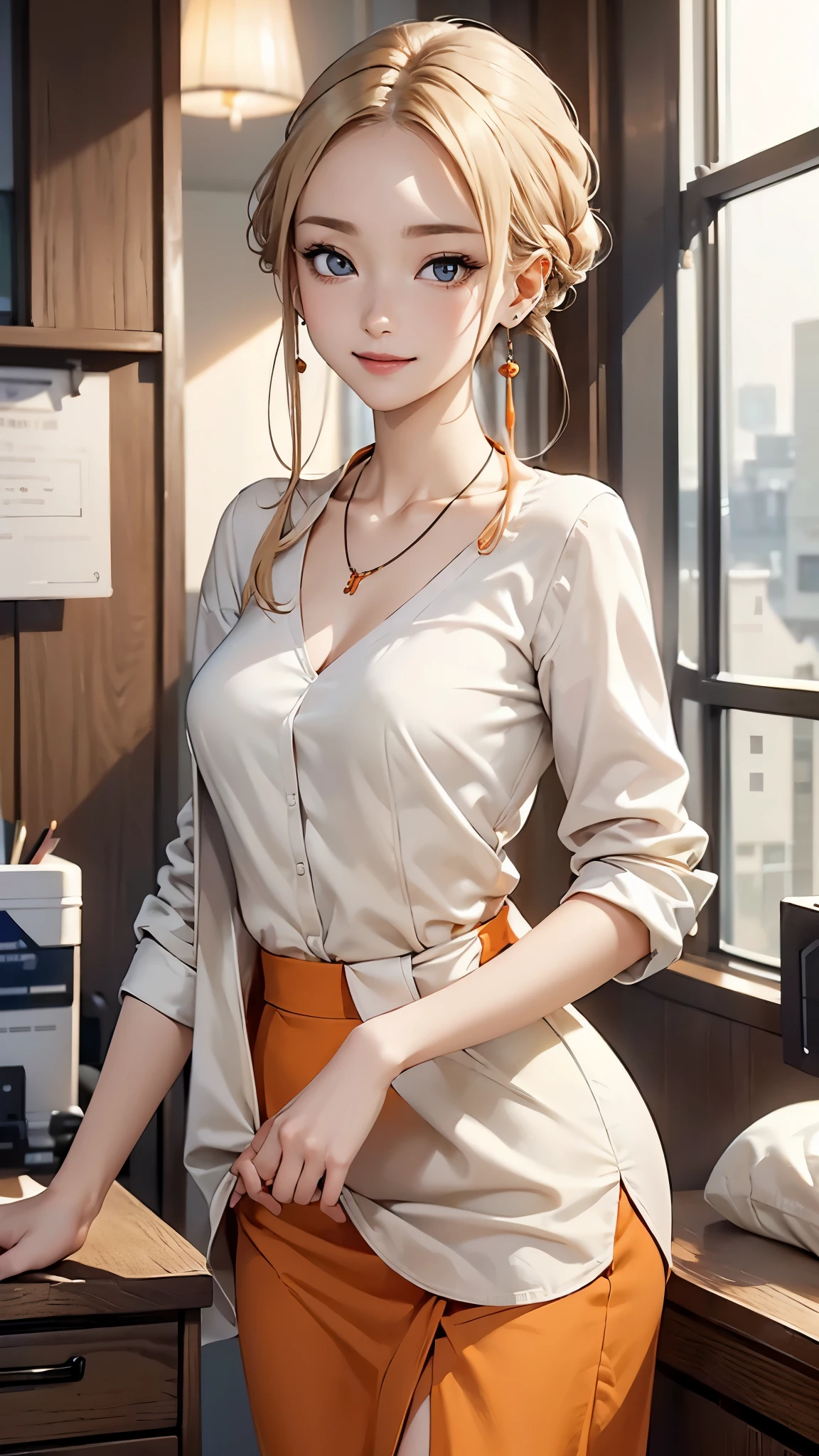 ((Biologically correct limb and finger count))、((Standing posture))、Masterpiece、((focus on the face))、((Symmetrical facial features))、Eyes with detailed description、Beautiful woman、Outstanding style、Detailed depiction of faces、Earrings、necklace、(shirt、Light Orange Suit、skirt）、smile、Work scene in the office,