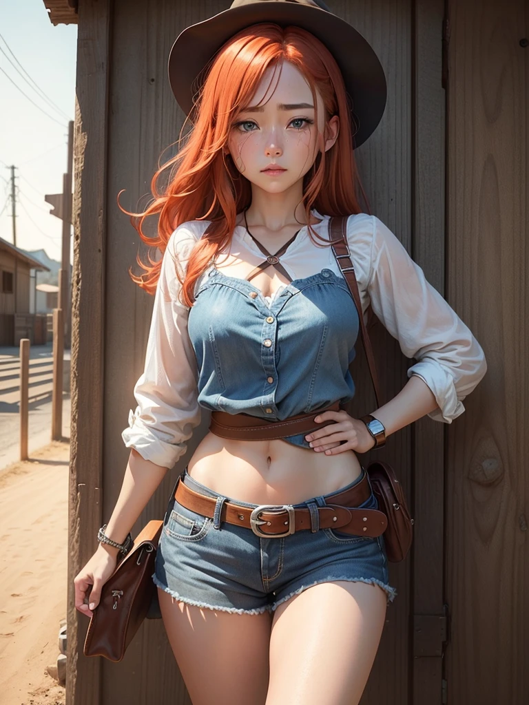 Generates an image featuring a single cowboy-style freckled, red-haired woman with blue eyes., 1 girl in the center、Utilize the perspective of a cowboy shot. A short-sleeved shirt tied up to expose the navel, Denim hot pants、belt、 And short cowboy boots. Wearing a watch、place her in a Western landscape, Surrounded by the warm tones of a cinematic sunset. Implement visual effects such as chiaroscuro, Depth of written boundary, Cinematic lighting to enhance overall composition from cowboy shot angles. Be sure to portray a blend of modern charm and Wild West charisma。. Use various SeaArt keywords for each category to enrich your expressions., Combining technical approaches with aesthetically captivating scenes、Shedding lots of shining tears、Crying face
