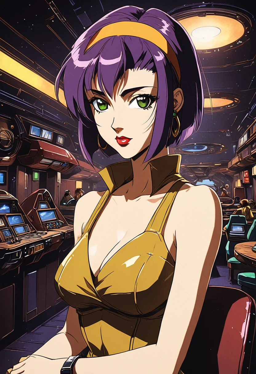 1girl, Faye Valentine, Cowboy Bebop, bob cut, solo, big breasts, green eyes, purple hair, hairband, cbbebop, cbbebop spaceship, retro artstyle, 1990s (style), oldest, (masterpiece), (best quality), (ultra-detailed), very aesthetic, illustration, disheveled hair, perfect composition, moist skin, intricate details