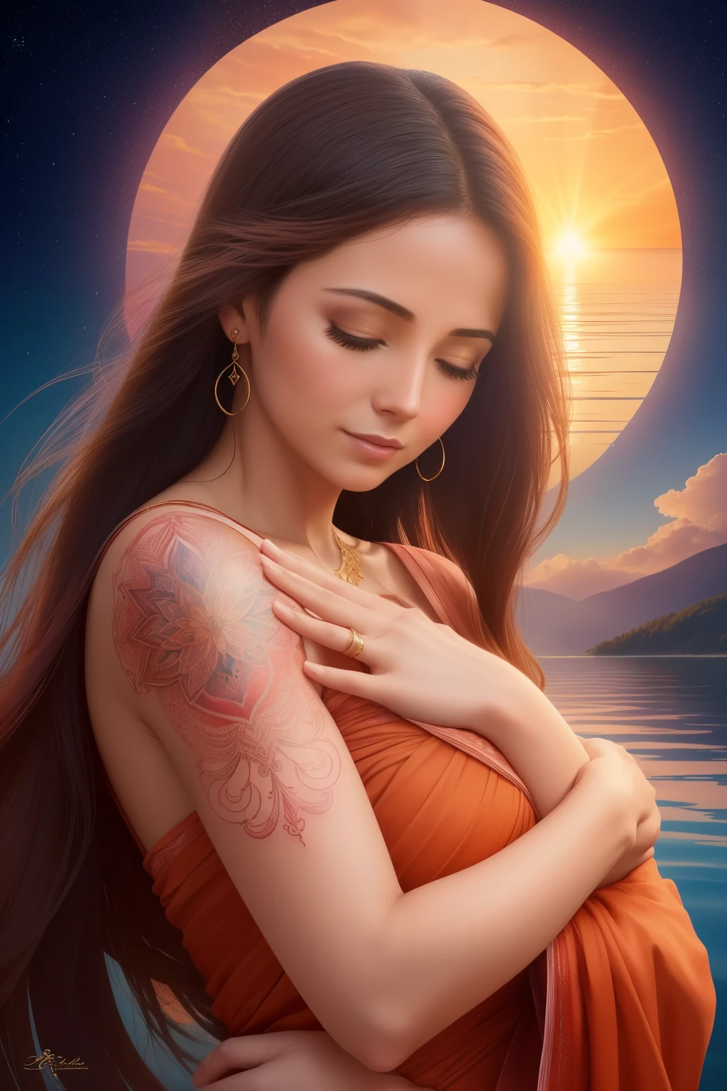 The steadfast love of the Lord (portrays a European woman, age 35, in a thoughtful and reflective pose, her face exhibiting deep emotions and a serene expression, with a hint of a tear in her eye). His mercies (manifest as golden rays of light, cascading from above, enveloping the woman in their warm embrace). They are new every morning (depicted as a breathtaking sunrise, painting the sky with hues of pink, orange, and red, reflecting on the tranquil water behind her). Great is your faithfulness (illustrated through intricate, elegant tattoo designs covering her arms, reaching up towards the heavens, in silent