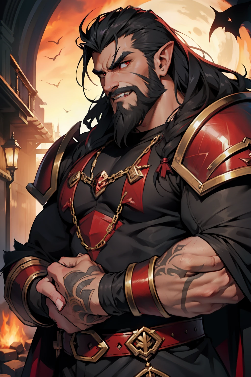 dwarf, black beard, male, red eyes, vampire fangs, evil, muscle, handsome, black long hair, vampire, red armor, chaos dwarf warhammer, warhammer, dawi zharr, ultra detail, highest definition.