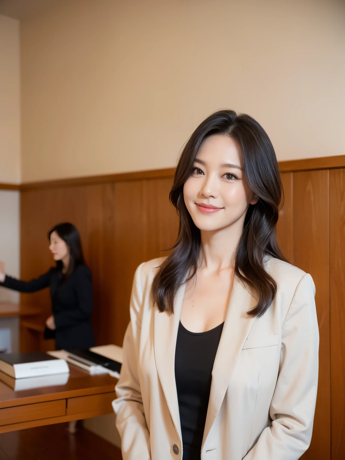 masterpiece,highest quality, (1 woman、42 years old), Grey blazer, White shirt, double eyelid, eyelash, Lip gloss, (smile:1), ((近い your eyes:0.85)), ((Looking at the audience、The whole body is reflected、Are standing)), to be born, (From above:0.2), ((no one)),Written boundary depth、尖ったRed Mouth、(Short black hair),Red Mouth,clavicle、Full body portrait、 (Photorealistic:1.3),(RAW Photos)、(Wooden furniture room:1.2)、(大きな机の前にAre standing)、(wall-to-wall bookshelf、Law Books)、(Slightly dim lighting)、