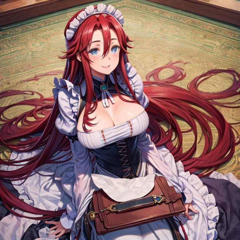 masterpiece, highest quality、Medium wide shot、Cowboy Shot、(aty, long hair, blue eyes, red hair、Hair between the eyes)、((Big Breasts、Huge breasts))、laughing、Maid、maid、