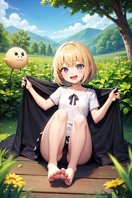 ！！、Young！！、one person！、４Year old girl、short hair、Blonde、With bangs、small、laughing、Big eyes、barefoot、Short sleeve、black eye、cute、With legs apart、with ribbon、skirt、Small breasts、身長のsmall、体のsmall、Short legs、Naughty！、In underwear、Charm