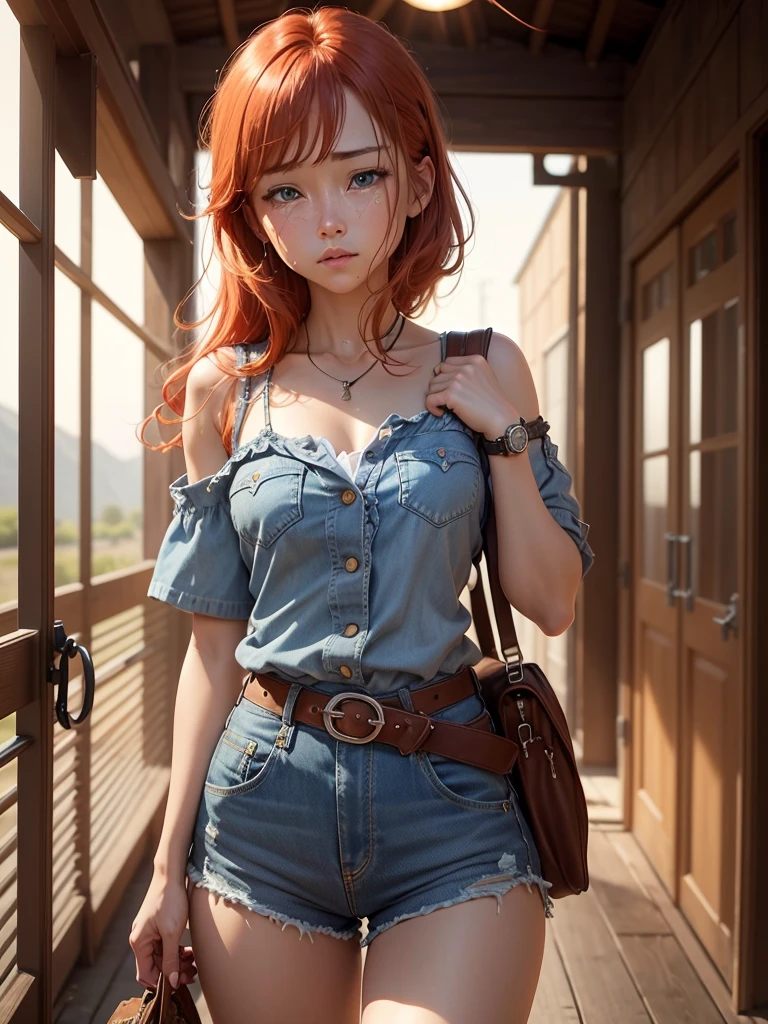 Generates an image featuring a single cowboy-style freckled, red-haired woman with blue eyes., 1 girl in the center、Utilize the perspective of a cowboy shot. Ultra short sleeve shirt、Belly-exposing clothing, Denim hot pants、belt、 And short cowboy boots. Wearing a watch、place her in a Western landscape, Surrounded by the warm tones of a cinematic sunset. Implement visual effects such as chiaroscuro, Depth of written boundary, Cinematic lighting to enhance overall composition from cowboy shot angles. Be sure to portray a blend of modern charm and Wild West charisma。. Use various SeaArt keywords for each category to enrich your expressions., Combining technical approaches with aesthetically captivating scenes、Shedding lots of shining tears、Crying face