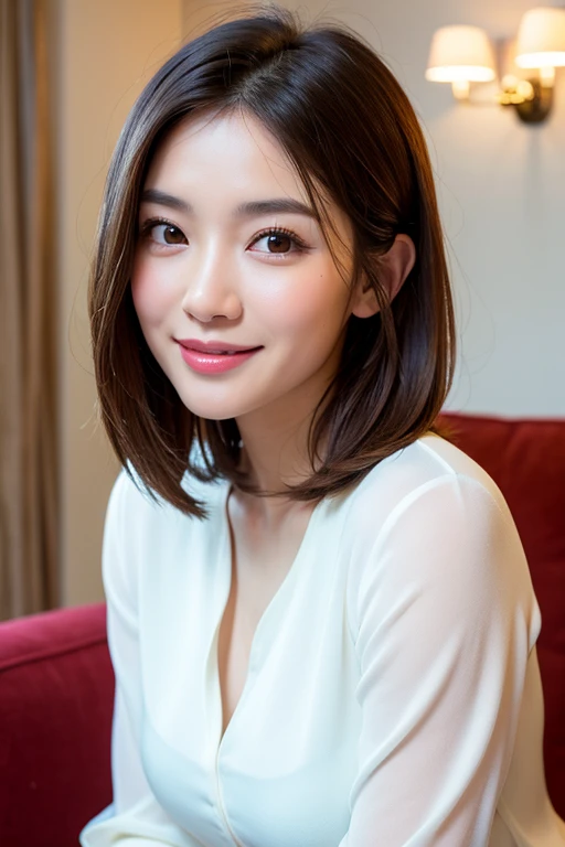 ((highest quality)), ((masterpiece)), (become close), Perfect Face, masterpiece、highest quality、High resolution、wallpaper、Realistic、Bright lighting、professional lighting、Face Light、smooth lighting、Japanese women、20th Gen Midplate、so beautiful、Beautiful Skin、Beautiful and detailed、become close顔、slim、moderately、short hair、Brunette colored hair、Brown eyes、Looking at the camera、The sofa in my room、 commercial photography, Beautiful Instagram influencer girls, The best smile,Daytime、White blouse