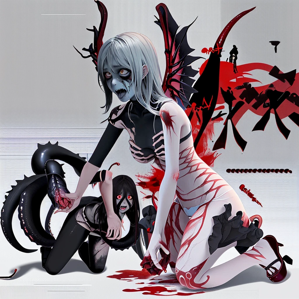Zombie ,With vampire teeth,lie on the floor,Show crotch,White and transparent,凸起Sexy,There are on the street,Watch,Spread the joy of leg presses,Clothes are tattered,There are bite marks on the body,View from the side,pained expression,Sexy,forward and backward,Half-kneeling position,His whole body is covered with blood,crazy,Bite marks all over the body,Skin changes,Grow claws,The main character is biting another ,Cultivated meat wings,Grow a tail made of red flesh,Spread your legs,Growing extra tentacles,The body is crawling with parasites,