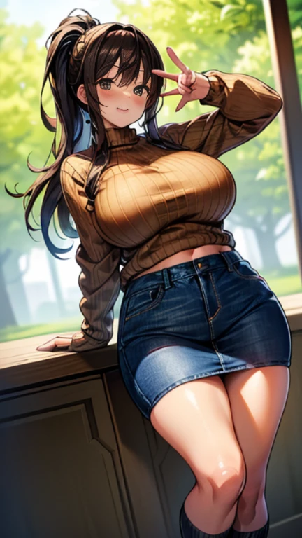 (8k, RAW photo, best quality, masterpiece:1.2), (extremely detailed 8k wallpaper),illustration、professional lighting,sharp focus, depth of field、、clear eyes、perfect anatomia、ar old、high ponytail、(brown Knit sweater :1.3)、(tight denim miniskirt:1.3),huge tit、Plump thighs、(Loose socks below the knee:1.3)、、in park,smile,standing,making a peace sign