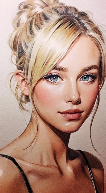 watercolor sketch of beautiful female, looking at camera, centered portrait head and shoulders, beauty, slim perfect face, natural look, playmate, blonde, hair tied in a bun, supermodel , color sketch, natural skin