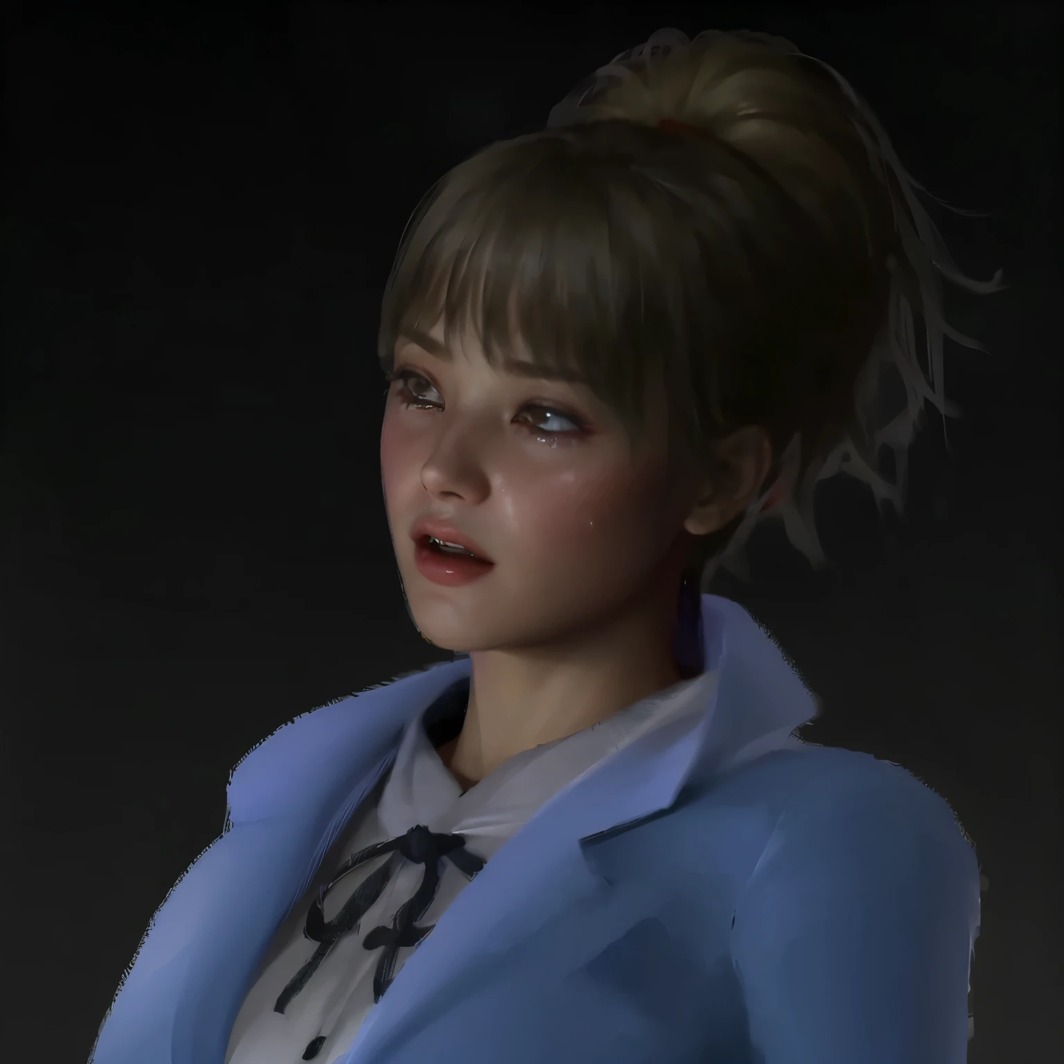 Close-up individual portraits'Unique personality and characteristics, 32k, Very detailed, beautiful 25 year old girl crying, sorrow, 1 clear tier, ArtStation Trends, Sharp focus, Studio shot, Intricate details, Very detailed, By Gregg Rutkowski、((sense of tragedy、Fear、sad;I feel like crying))、(8k, highest quality, masterpiece:1.2), (Realistic, photo-Realistic:1.37),(((Sweaty skin、Red cheeks)))、 Very detailed,highest quality, Ultra-high resolution, professional lighting, Photon Mapping, Radio City, physically based rendering, movie lighting, midnight road,Written boundary depth, Sharp focus,Tsujimitsu, Good composition,(Bokeh:1.2) 1 girl,alone,(whole body), (Mouth closed),Beautiful and beautiful eyes, Sharp Fangs, Tight waist,Japanese , Black Hair,Messy Hair,Long hair blowing in the wind,(Ulzzang-6500:1.2) Mix 4, Hello