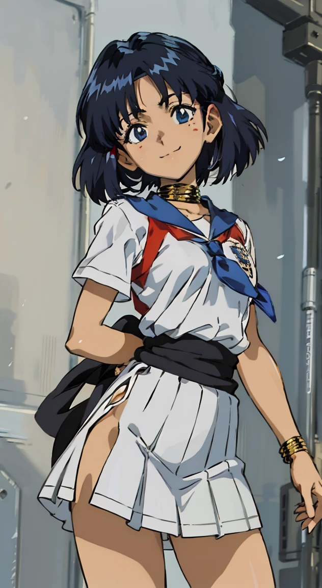 ((masterpiece, best quality illustrations)),(((extremely detailed anime:1.5,beautiful anime face:1.5))),cowboy shot,1woman,solo,20 year old beauty、nadia la arwall:1.2,focus face,smile,ideal ratio body proportions,slender body,medium breasts,short cut hair,(dark skin:1.2),oliy skin,standing,school clothes、White shirt with collar、short sleeve、white pleated skirt、micro mini skirt、bustling street、Tokyo、