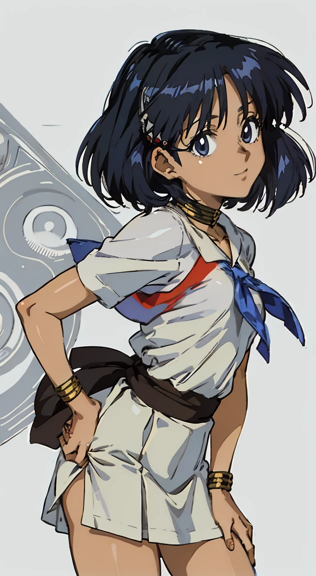 ((masterpiece, best quality illustrations)),(((extremely detailed anime:1.5,beautiful anime face:1.5))),cowboy shot,1woman,solo,20 year old beauty、nadia la arwall:1.2,focus face,smile,ideal ratio body proportions,slender body,medium breasts,short cut hair,(dark skin:1.2),oliy skin,standing,school clothes、White shirt with collar、short sleeve、white pleated skirt、micro mini skirt、bustling street、Tokyo、