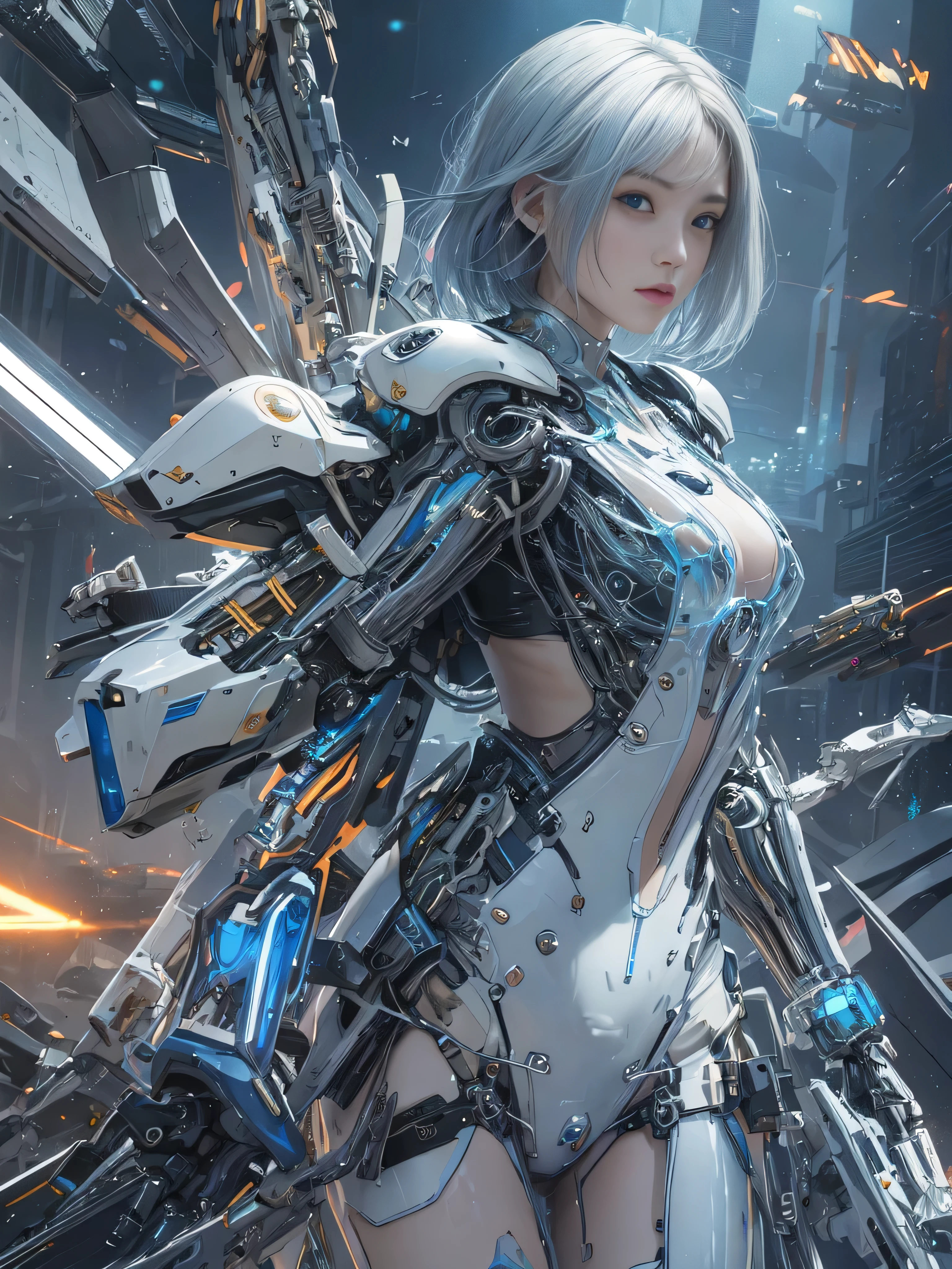 highest quality、master piece、超A high resolution、(Photoreal:1.4)、Raw photo、Combat Robot Angel、white porcelain body、Acrylic transparent cover、white hair、glowing skin、1 cyborg girl、((Ultra realistic details))、porate、global illumination、Black Shadow、octane rendering、8K、super sharp、character edge light,Huge 、Bare skin exposed between the breasts、side boo boo, Underboo Boo, The lower abdomen is exposed, thin pubic hair, intricate decorative details、Gothic Lolita details、hydraulic cylinder、Small LED Light、very intricate details、realistic light、purple eyes、shining eyes、towards the camera、neon light details、cowboy shot、futuristic headgear、About the Floor Plan《cyberpunk characters》、、