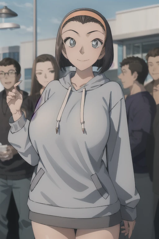 highest quality, (masterpiece:1.2), 
1 girl, alone, Mouth closed, smile,
brown hair、Short Bob、hair band、The forehead is visible, (Huge breasts)
(Oversized grey sweatshirt、Oversized grey sweatshirtズボン)
Are standing, Looking at the audience,The whole body is visible