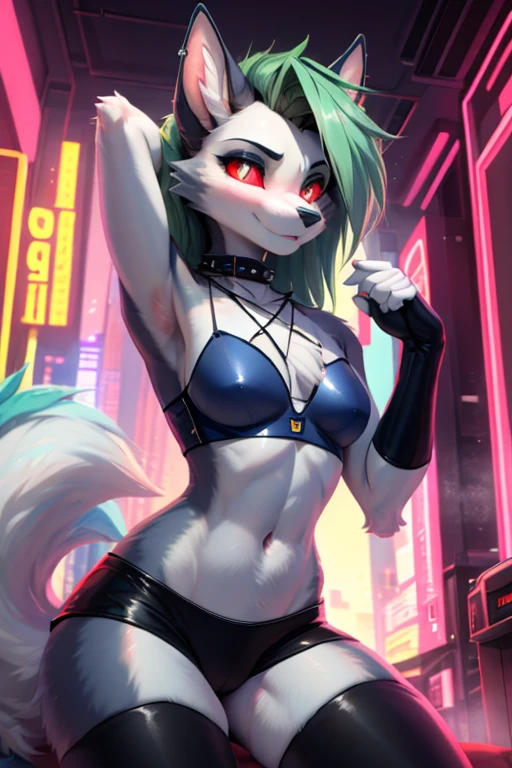 masterpiece, perfect anatomy, solo, 1boy, Furry, kemono, furry wolf, anthropomorphic, male, silver fur, silver skin, red eyes, Golden eye, cyberpunk clothes, sexy clothes, revealing clothes, ((blue clothing)), cyberpunk city, strip club, uploaded on e621, Cyberpunk technology. cybernetics,green hair