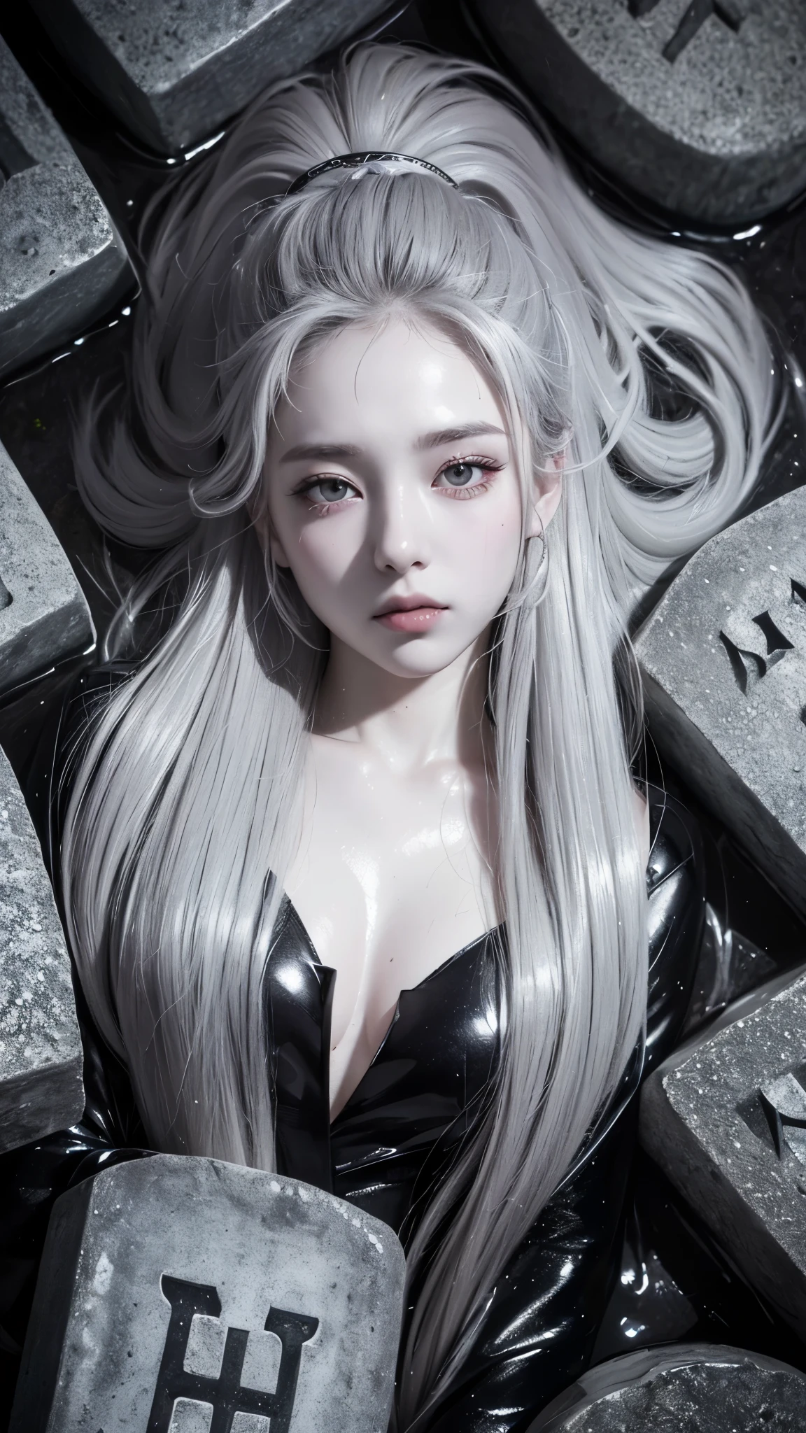 (ultra high definition, 8k, masterpiece: 1.3) ((long gray hair)) ((pale skin)) ((black lips)) A sweat-soaked body shining with moisture, She is surrounded by headstones and the background is a dark cemetery,depth of field, fish eye lens, highest detail, from above,