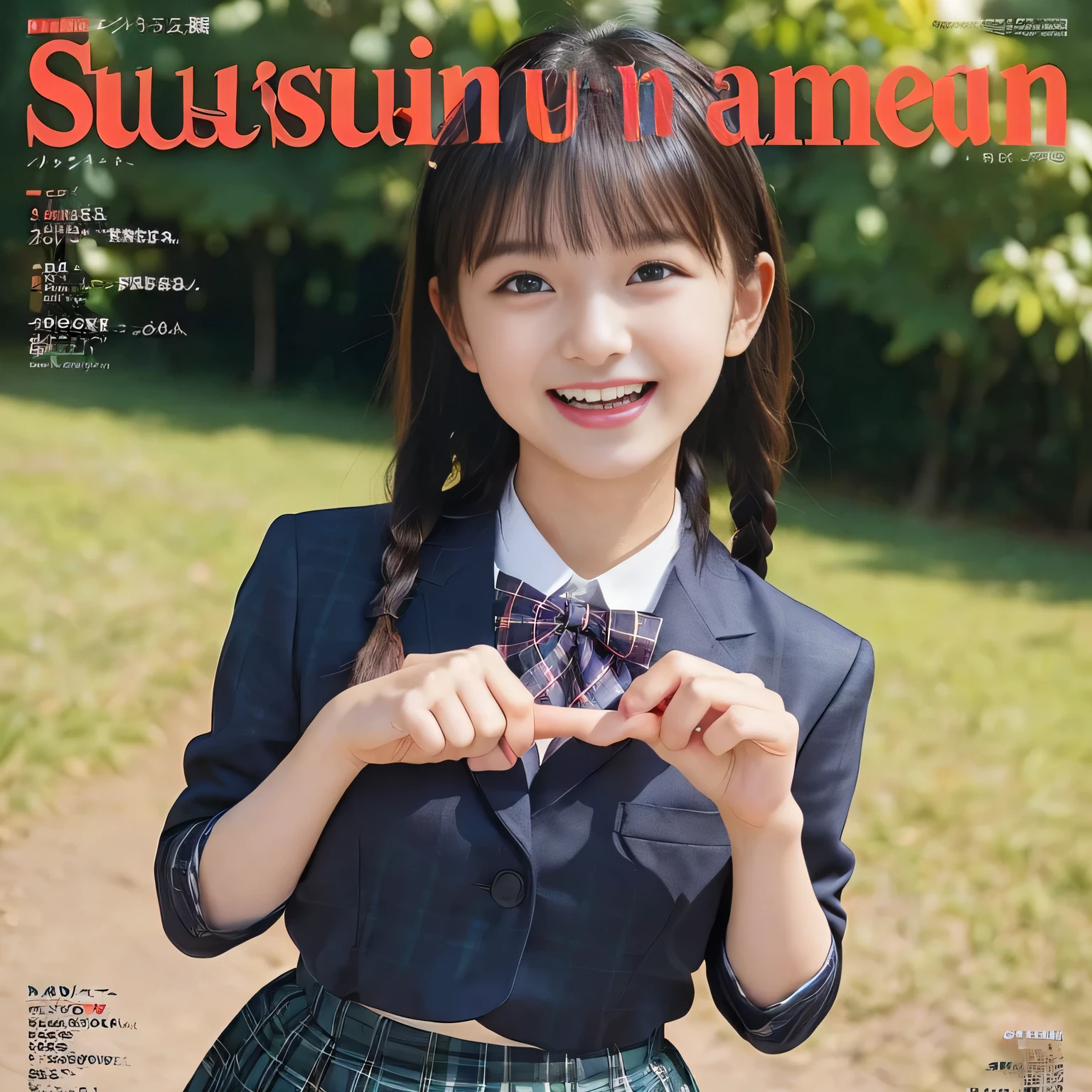 (highest quality、masterpiece:1.2)、highest quality、Realistic、photograph、High resolution、1080p、8K、The face is especially pale., Physical Rendering、((Height: 155cm)), one Japanese girl、((((((A 15-year-old succubus in the form of a beautiful Japanese magazine fashion model is trying to grab the viewer with both hands and play tricks on him.)))))), School uniforms worn by popular beautiful fashion models, (((big very detailed beautiful dark brown eyes))), ((blue girly large wine-red glossy polyester Japanese school ribbon bow tie)), (((black very beautiful and very very long braids hair))), ((((deep blue colored tartan checkered formal long pleated blue pleated skirt)))), ((A unpatterned formal dark blue blazer in solid that is slightly oversized and has an emblem on the left chest.)), (((((((laughing at me!))))))), Mouth open, The large blazer and skirt are very cute., detailed fingers, ((curled bangs)), Very beautiful succubus, ((Very large and very very very cute eyes of a Japanese girl, drawn with great care and attention to detail.)), double eyelids, Thin eyebrows, ((drooping eyes)), (((very long eyelashes))), ((cute lovely lovely laughing laughing cheeks)), ((Pure white light hits her face from above and in the front, making her skin and eyes shine beautifully.)), ((Strong light hits the nose and cheeks、It brings out the richness of the expression.)), (((((Her face is expressive, pure, very cute and intelligent.))))), ((tilting one's head))