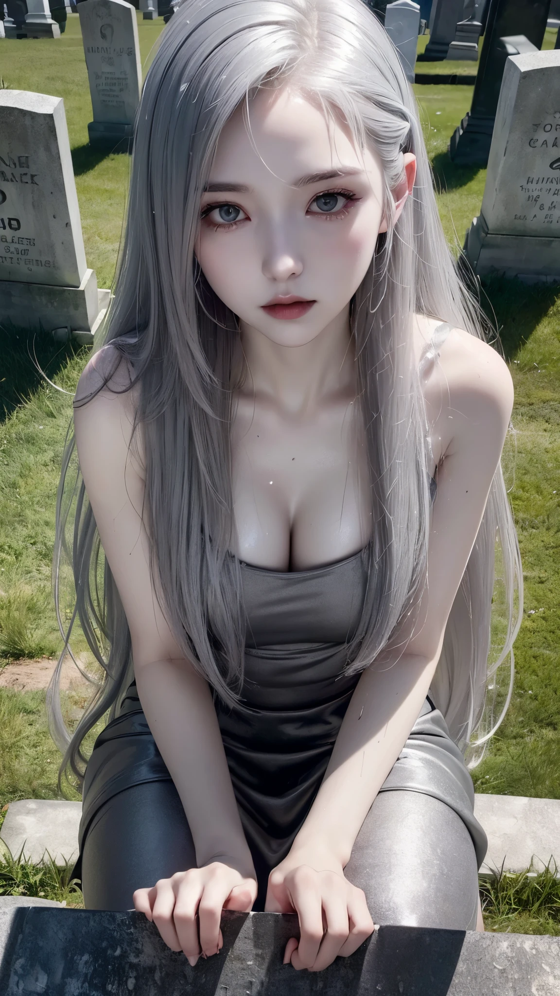 (ultra high definition, 8k, masterpiece: 1.3) ((long gray hair)) ((pale skin)) ((black lips)) A sweat-soaked body shining with moisture, She is surrounded by headstones and the background is a dark cemetery,depth of field, fish eye lens, highest detail, from above,