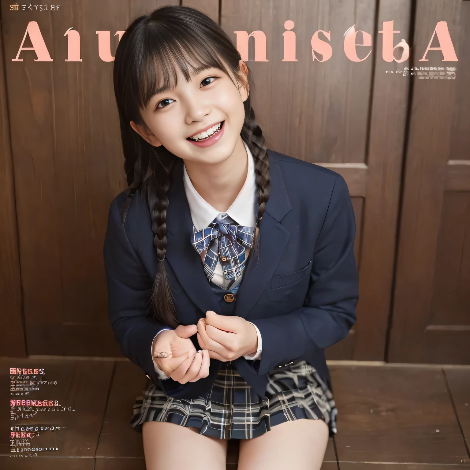 (highest quality、masterpiece:1.2)、highest quality、Realistic、photograph、High resolution、1080p、8K、The face is especially pale., Physical Rendering、((Height: 155cm)), one Japanese girl、((((((A 15-year-old succubus in the form of a beautiful Japanese magazine fashion model is trying to grab the viewer with both hands and play tricks on him.)))))), School uniforms worn by popular beautiful fashion models, (((big very detailed beautiful dark brown eyes))), ((blue girly large wine-red glossy polyester Japanese school ribbon bow tie)), (((black very beautiful and very very long braids hair))), ((((deep blue colored tartan checkered formal long pleated blue pleated skirt)))), ((A unpatterned formal dark blue blazer in solid that is slightly oversized and has an emblem on the left chest.)), (((((((laughing at me!))))))), Mouth open, The large blazer and skirt are very cute., detailed fingers, ((curled bangs)), Very beautiful succubus, ((Very large and very very very cute eyes of a Japanese girl, drawn with great care and attention to detail.)), double eyelids, Thin eyebrows, ((drooping eyes)), (((very long eyelashes))), ((cute lovely lovely laughing laughing cheeks)), ((Pure white light hits her face from above and in the front, making her skin and eyes shine beautifully.)), ((Strong light hits the nose and cheeks、It brings out the richness of the expression.)), (((((Her face is expressive, pure, very cute and intelligent.))))), ((tilting one's head))
