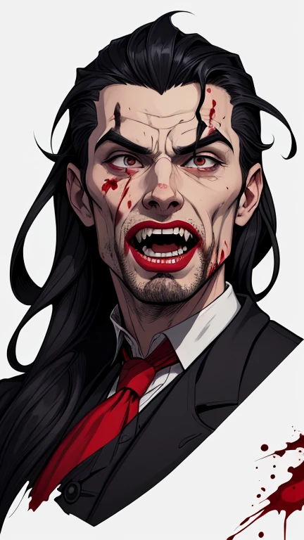 Blood criminal count dracula man character with black hair cartoon image of a cartoon style illustration, estilo de arte dos desenhos animados, estilo de arte dos desenhos animados, open mouth with vampire teeth stained with criminal blood Digital illustration style, design de personagens altamente detalhado, arte digital detalhada fofa, trevas e sangue, Design de personagens de retrato, beautiful digital illustration, retrato de alta qualidade, Art on a white background stained with criminal blood Count Dracula