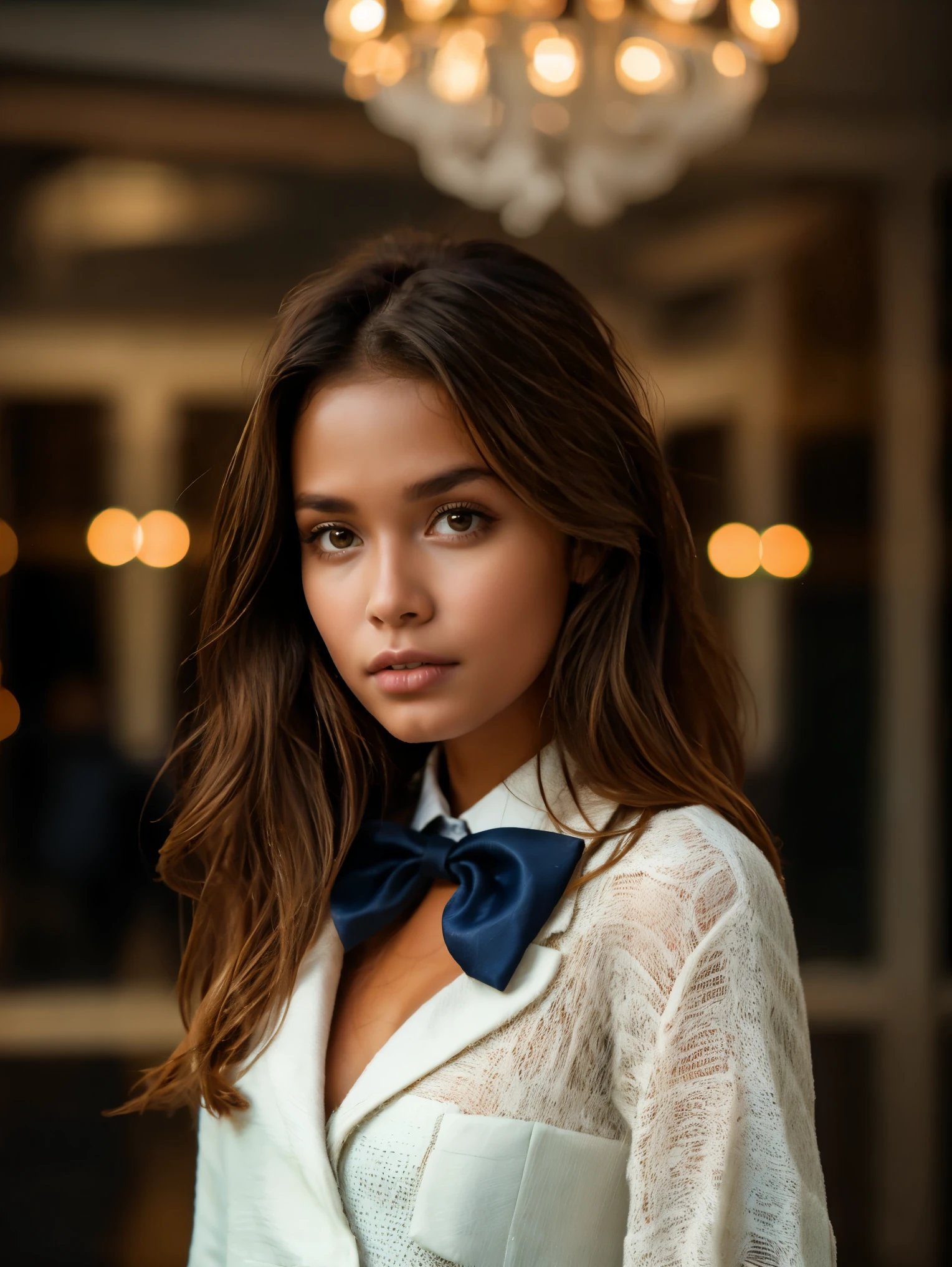 best quality,bold colors,high resolution,realistic,portrait,putri cinta,putr1c1ntra,woman,stylish business suit,bow tie,detailed hair,focused eyes,confident pose,elegant background,professional lighting, ball room, gala, boyish, extremely extravagant and fashionable