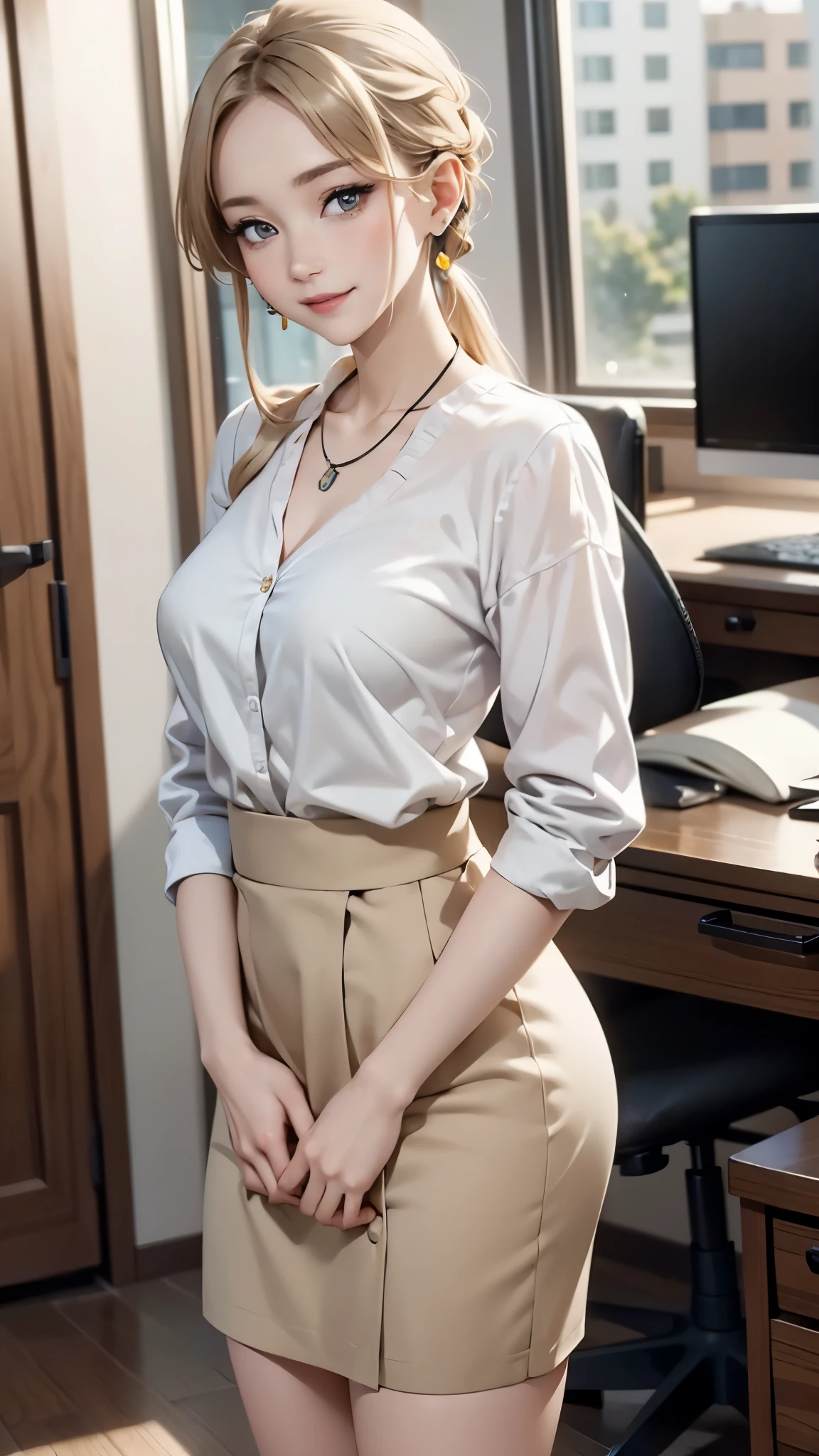 ((Biologically correct limb and finger count))、((Standing posture))、Masterpiece、((focus on the face))、((Symmetrical facial features))、Eyes with detailed description、Beautiful woman、Outstanding style、Detailed depiction of faces、Earrings、necklace、(shirt、Light Yellow Suit、skirt）、smile、Work scene in the office,