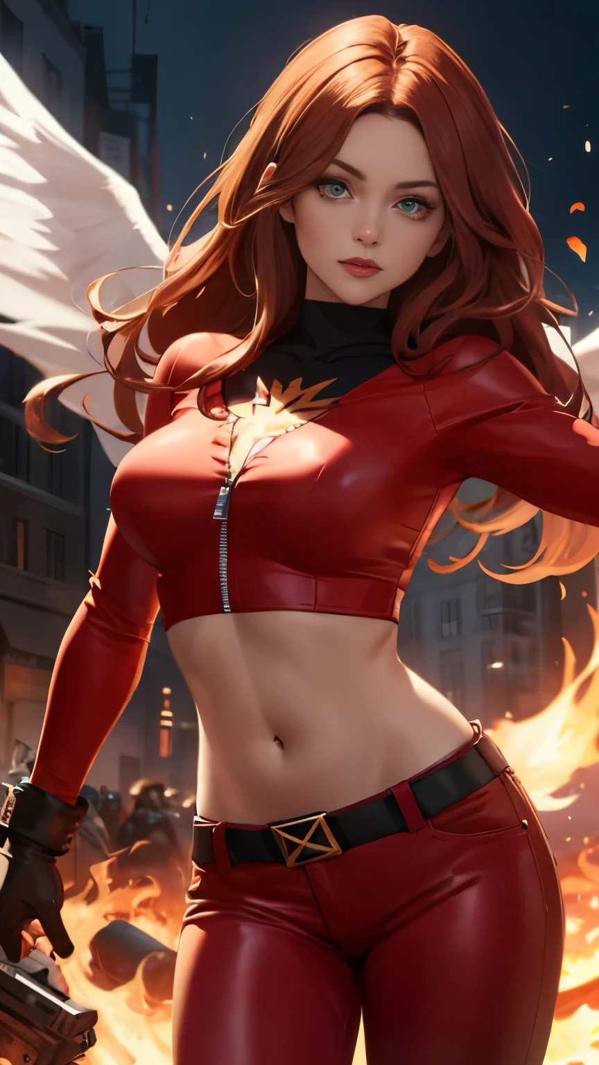 (Highly quality, masterpiece, detailed), burning city detailed scenario, burning city detailed background, jean-grey, belt, red leather crop top jacket, unzip, black top shirt, gloves, Phoenix symbol on chest, red leather pants, navel, perfect face, beautiful eyes, looking at the viewer, Sexy pose